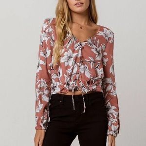 Roxy morning ritual flowy floral l/s crop cinch waist shirt XS